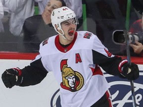 Ottawa Senators centre Jean-Gabriel Pageau (44) celebrates after scoring a goal against the New Jersey Devils during the third period at Prudential Center.