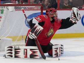 Ottawa Senators goalie Anders Nilsson makes a save in the first period against the Carolina Hurricanes at the Canadian Tire Centre on Saturday.