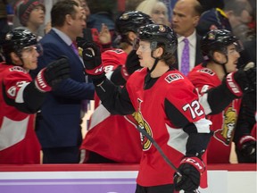 Thomas Chabot of the Ottawa Senators celebrates his goal in a 4-1 win over the New York Rangers at the Canadian Tire Centre on Friday, Nov. 22, 2019.