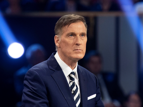 People's Party of Canada Leader Maxime Bernier takes part in the French language leaders debate on Oct. 10, 2019. Polling suggests the party would have been better off if Bernier had stayed home.