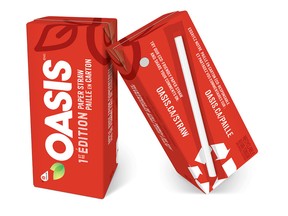 Oasis juice boxes come with paper straws attached at select St-Hubert restaurants and IGA grocery stores in Quebec.