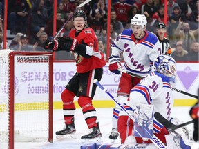 The Senators' Brady Tkachuk celebrates a goal in the first period as Ottawa takes on the New York Rangers at the Canadian Tire Centre on Friday, Nov. 22, 2019.