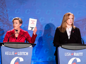 Conservative leadership candidates Kellie Leitch and Lisa Raitt during a debate in Saskatoon, Nov. 9, 2016.