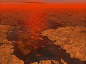 FILE PHOTO: This artist's concept envisions what hydrocarbon ice forming on a liquid hydrocarbon sea of Saturn's moon Titan might look like in this NASA image released on January 8, 2013.