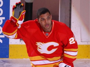 Files: The Calgary Flames, Akim Aliu was named first star of the game after scoring twice against the Anaheim Ducks