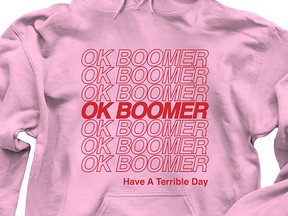 A photo provided by Shannon O’Connor shows the OK BOOMER hoodie that she designed. “Ok boomer” has become Generation Z’s endlessly repeated retort to the problem of older people who just don’t get it.