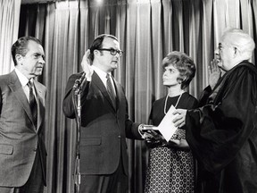 illiam Ruckelshaus swearing in as the first Administrator of the U.S. Environmental Protection Agency (EPA). Seen from left to right: President Richard M. Nixon, William Ruckelshaus, Jill Ruckelshaus (wife), Chief Justice Warren Burger.