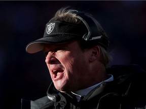 Head coach Jon Gruden of the Oakland Raiders works the sidelines against the Denver Broncos in the second quarter at Empower Field at Mile High on Dec. 29, 2019 in Denver.