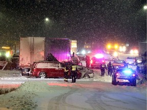 A pileup on Highway 401 westbound.