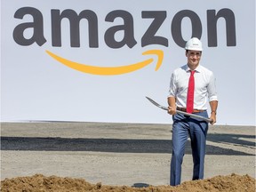 Prime Minister Justin Trudeau prepares to break ground at the Boundary Road location of the big Amazon warehouse in Orléans in 2018.