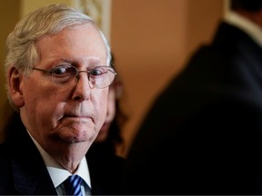 Senate Majority Leader Mitch McConnell (R-KY) speaks to the media after the weekly policy luncheons on Capitol Hill in Washington.