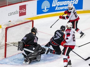 Ottawa 67’s Joseph Garreffa scores a goal against the Gatienau Olympiques last night. (Valerie Wutti photo)