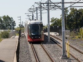 A train on the the Confederation Line near Lees Station during trial running on July 29.