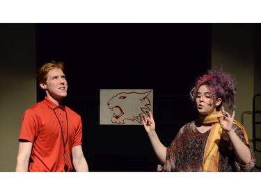 Coach Bolton, played by Tyson MacInnis (L), and Ms. Darbus, played by Lauren Butler (R), during All Saints Catholic High School's production of High School Musical, on Nov. 29, 2019, in Ottawa, On.