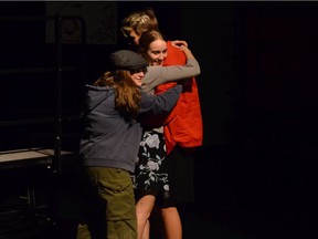 Kelsi Nielsen, played by Ruby Reid (L), Gabriella Montez, played by Emma Connelly (M), and Troy Bolton, played by Brenden MacGowan (R), during All Saints Catholic High School's production of High School Musical, on Nov. 29, 2019, in Ottawa, On.