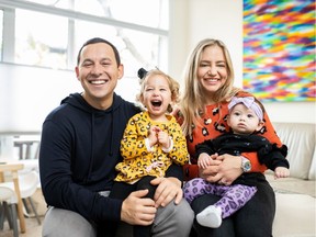 Harley Finkelstein with his three-year-old daughter Bayley, his wife, Lindsay, and infant daughter Zoe, who was born by emergency C-section in February. The family is making a donation to The Ottawa Hospital Foundation in recognition of the skilled medical help they received -- and in the hopes of inspiring more people in the city to "pay it forward."