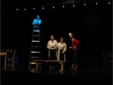 George Gibbs played by Carlos Sanchez (L), Mrs. Webb played by Julia Arsenault-Deraps (2ndFL), Mrs. Gibbs played by Amanda Reinboldt (2ndFR), and Mrs. Soames played by Brynn Downey (R) perform during St. Mark High School's Cappies production of Our Town on December 14, 2019.