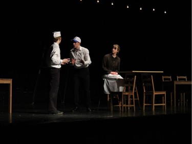 Stage Manager played by Carter Ibach (L), George Gibbs played by Carlos Sanchez (M) and Emily Webb played by Greer Truelove (R) perform during St. Mark High School's Cappies production of Our Town on December 14, 2019.
