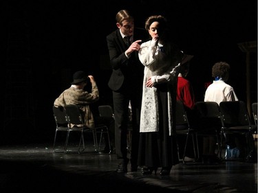 George Gibbs played by Carlos Sanchez (L) and Mrs. Gibbs played by Amanda Reinboldt (R), during St. Mark Catholic High School Cappies production of Our Town, held on December 15, 2019.