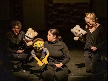 ****ONE TIME USE**** Cairo Moorman (L) and Zoe Gingras-Theriault (R) perform as the Bad Idea Bears with Kamilah Khan (C) as Princeton, during Ashbury College's Cappies production of Avenue Q, on December 12, 2019 in Ottawa, On.