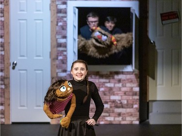 Hannah Noll performs as Kate Monster with Alex Gingras Desjardins (LBG) and Devan Sharma (RBG) as Trekkie Monster, during Ashbury College's Cappies production of Avenue Q, on December 12, 2019.