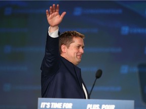 In this file photo taken on Oct. 21, 2019, Conservative leader Andrew Scheer speaks on stage after being defeated by the Liberal Party.