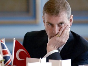 In this file photo taken on May 26, 2004, Britain's Prince Andrew pose before a speech during his meeting with Turkish Businessmen at Ciragan Palace in Istanbul.