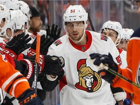 The Ottawa Senators' Artem Anisimov celebrates a goal with teammates on the Edmonton Oilers during the second period of a NHL hockey game at Rogers Place in Edmonton on Wednesday, Dec. 4, 2019.