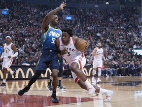 Toronto Raptors forward OG Anunoby (3) drives to the basket as Dallas Mavericks guard Delon Wright (55) tries to defend during the first quarter at Scotiabank Arena.
