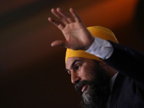 Federal NDP Leader Jagmeet Singh delivers his speech during the BC NDP Convention at the Victoria Convention Centre in Victoria, B.C., on Saturday, November 23, 2019. The New Democratic Party is sitting in fourth place after the fall's divisive federal election and its leader Jagmeet Singh says he is not interested in partnering with the Conservatives to overwhelm Prime Minister Justin Trudeau's Liberal minority.