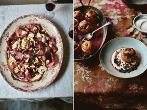 Roast Beef Tenderloin with Crimson Leaves, Buttermilk, Walnuts & Cashel Blue Cheese, left, and Baked Apples with Toasted Rye, Mincemeat & Apple Brandy Cream from Diana Henry's From the Oven to the Table.