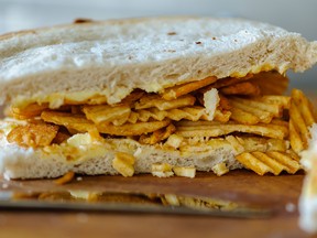 The crisp sandwich wears its carb-on-carb status proudly