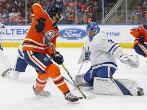 Toronto Maple Leafs goaltender Frederik Andersen makes a save on Edmonton Oilers forward Connor McDavid during the first period at Rogers Place.