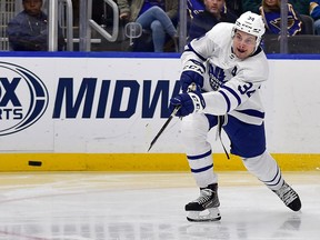 Toronto Maple Leafs centre Auston Matthews (34) shoots during the third period against the St. Louis Blues at Enterprise Center.