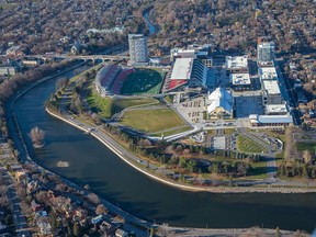 Aerial photo of TD Place Stadium and shops at Lansdowne Park.