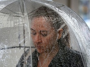 A woman walks with her umbrella near Elgin Street.