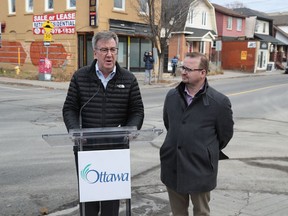 Ottawa Mayor Jim Watson and Ottawa City Councillor Stephen Blais speaks to the media in Ottawa Monday Nov 25, 2019. Mayor Jim Watson and Transportation Committee Chair, Stephen Blais, announced a new plan to reduce the average annual rate of fatal and major injury collisions by 20 per cent, which road safety advocates said didn't go far enough.