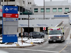 A ambulance leaves the Ottawa hospital on Smyth Road in Ottawa Monday Nov 18, 2019.