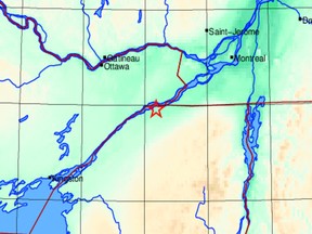 Environment Canada map showing site of earthquake Tuesday in Massena, N.Y. The 2.9M quake shook the city of Cornwall.