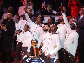 The Toronto Raptors are seen at their ring ceremony and banner raising for their championship season on Tuesday,, Oct. 22, 2019.