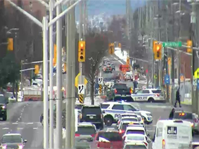 stretch of St. Laurent Boulevard was closed Thursday afternoon after an overturned truck sparked a power outage.