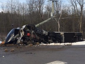 The driver of a tractor trailer died after a rollover on Highway 7 west of Carleton Place on Monday, Dec. 23, 2019. OPP