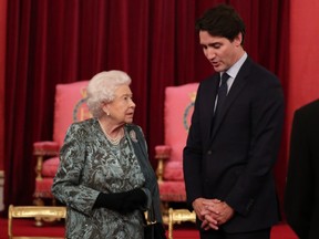 DECEMBER 03: Queen Elizabeth II with Canadian Prime Minister Justin Trudeau at a reception for NATO leaders hosted by Queen Elizabeth II at Buckingham Palace on December 3, 2019 in London, England.