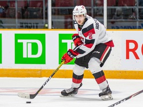 Ottawa 67's defenceman Noel Hoefenmayer passes the puck during an Ontario Hockey League game against the Oshawa Generals at TD Place arena in Ottawa on Saturday, Nov. 30, 2019.
