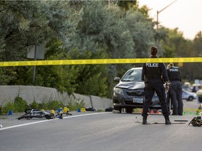 Ottawa Police are investigating a collision between a car and a cyclist on the westbound 174 onramp off of Jeanne d'Arc Boulevard. July 23, 2019.