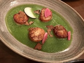 Scallops with Granny Smith apple emulsion at Grill 41 in the Lord Elgin Hotel