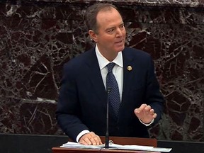 In this screengrab taken from a Senate Television webcast, House impeachment manager Rep. Adam Schiff (D-CA) speaks during impeachment proceedings against U.S. President Donald Trump in the Senate at the U.S. Capitol on January 22, 2020 in Washington, DC.