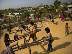 Children play in a Rohingya refugee camp on January 23, 2020 in Cox's Bazar, Bangladesh.