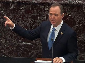 In this screenshot taken from a Senate Television webcast, House impeachment manager Rep. Adam Schiff (D-CA) speaks during impeachment proceedings against U.S. President Donald Trump in the Senate at the U.S. Capitol on January 23, 2020 in Washington, DC.