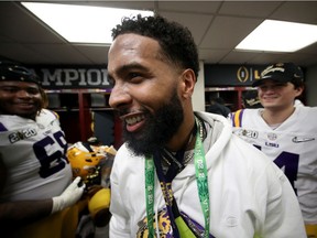 Odell Beckham Jr.  celebrates in the locker room the LSU Tigers after their 42-25 win over Clemson Tigers in the College Football Playoff National Championship game at Mercedes Benz Superdome on January 13, 2020 in New Orleans, Louisiana.